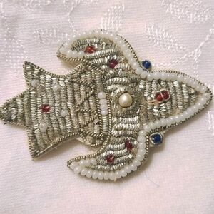 Metallic Bullion Thread and Glass Bead Vintage Fabric Backed Pin/Brooch India